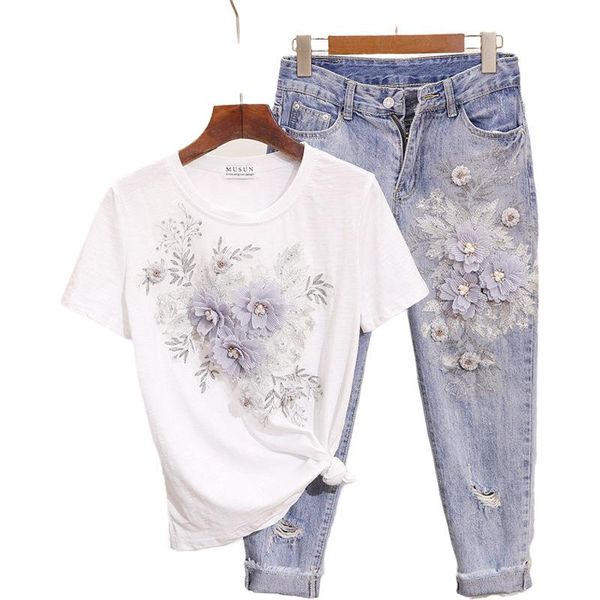 

women's two piece pants cowboy suit female summer bead embroidery three-dimensional flower short-sleeved t-shirt + ripped ankle-length, White