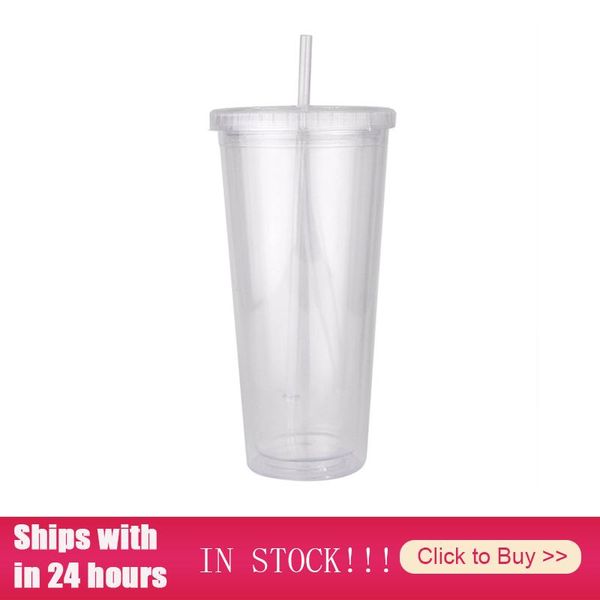 

mugs 650ml straw cup transparent double layer food grade plastic reusable cups tumbler drinkware birthday gift