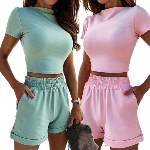 

2 piece outfit set womenpant cozy sport fitness solid color round neck short sleeve crop high waist shorts pants, White