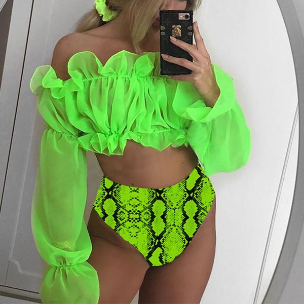 

neon green off shoulder long sleeve bikini high waist swimsuit 2021 women mesh swimwear female bikini set snake bathing suitby