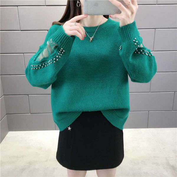 

women's sweaters jumper spring autumn solid beading lace long sleeve o neck ladies pullover knitted wear for female qog1, White;black