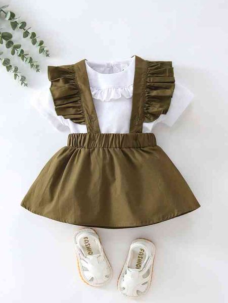 

baby ruffle trim tee & suspender skirt she, White
