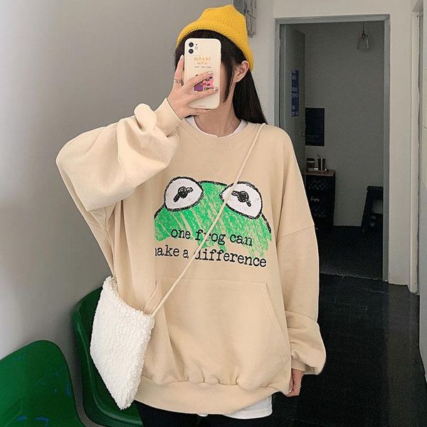 

women's hoodies & sweatshirts cute frog printed pullovers women o-neck thin loose casual with big pocket spring autumn mid-length leisu, Black