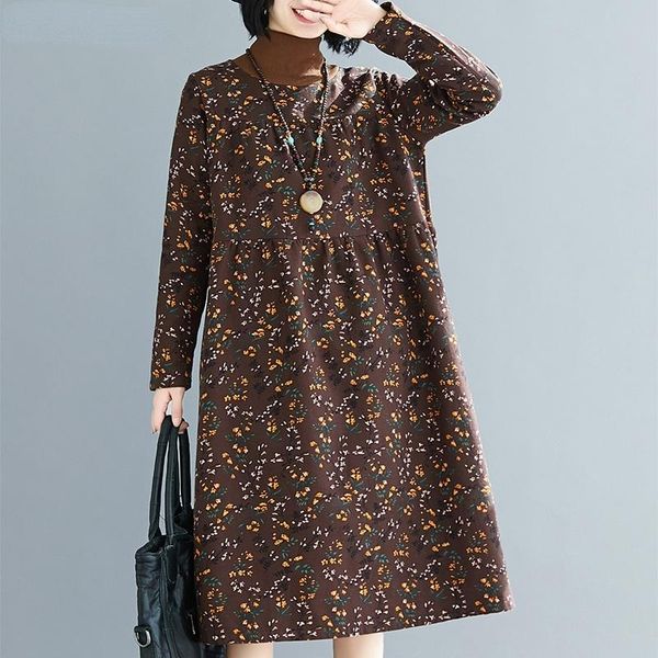 

casual dresses autumn winter vintage print turtleneck fleece long sleeve women dress loose warm elegant bastic, Black;gray