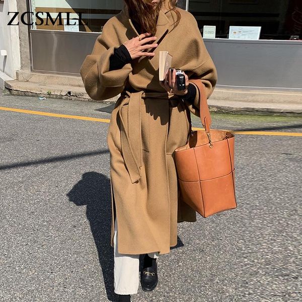 

women's wool & blends zcsmll korean chic spring trench vintage lapel big pocket design over the knee long split woolen autumn loose coa, Black