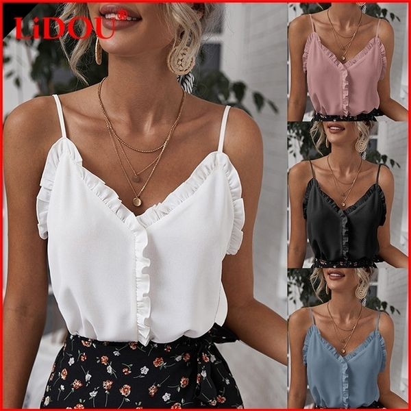 

t-shirt women summer temperament v-neck ruffles backless pullover solid chiffon camisole women's clothing 220314, White