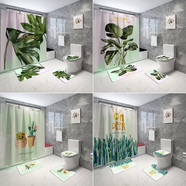 

green leaves printing shower curtains cactus plant bathroom curtain set nature theme toilet cover mat non-slip rugs home decor