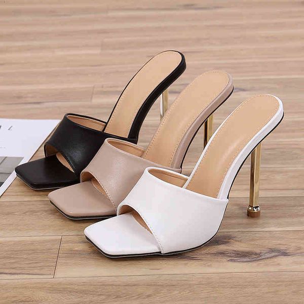 

sandals metal high heels women slippers summer pu leather mules slides square toe party dress shoes big size 42 swe4, Black