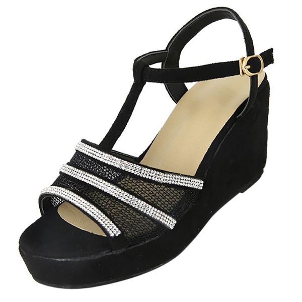 

fashion women sandals t-strap buckle peep toe wedge with roman platform escarpins femme 2021 #3, Black