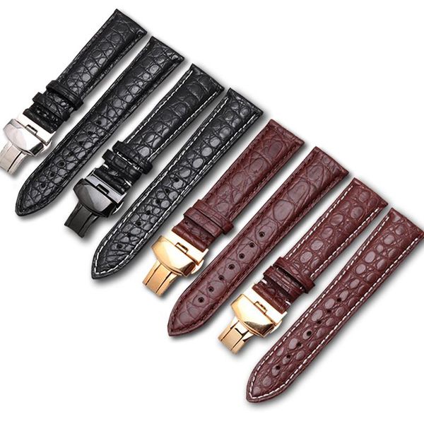 

watch bands crocodile leather watchbands for men or women fold clasp strap accessories genuine bracelet belt chain, Black;brown