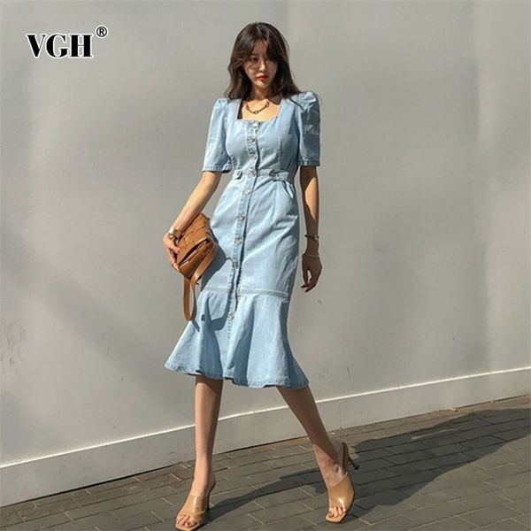 Denim coreano vestido sólido para mulheres colarinho quadrado manga curta alta cintura retalhos midi vestidos feminino moda 210531