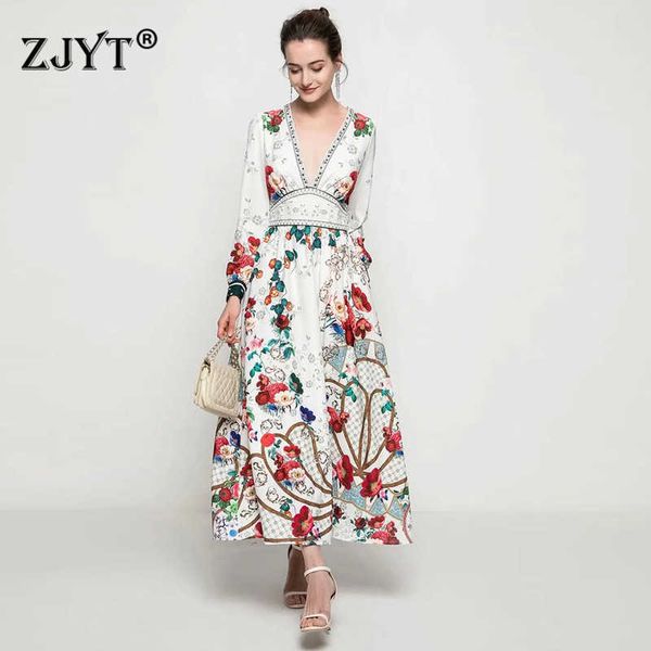 Европа стиль взлетно-посадочная полоса мода весенние халат элегантные женщины глубокие v шеи печать старинные длинные Maxi платье праздник праздник Vestidos 210601