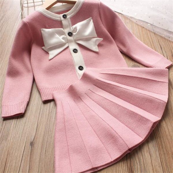 La migliore vendita Set di vestiti per ragazze per bambini Set di cardigan in maglione lavorato a maglia con fiocco per ragazze + Gonna a pieghe 2 pezzi Completo di abiti stile signora Taglia 90-130