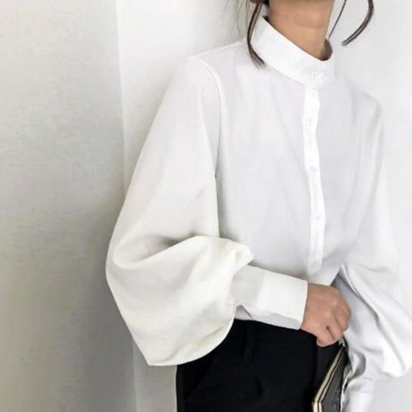 

women's blouses & shirts women autumn winter single breasted lantern sleeve stand collar shirt blouse, White