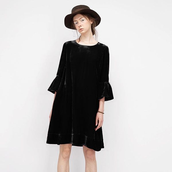 

women spring autumn o-neck three quarter sleeve knee-length dress velvet a-line vintage party vestidos plus size -7xl casual dresses, Black;gray