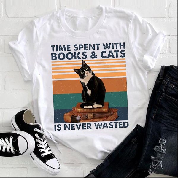 

womens women cute cat trend style cartoon girl summer clothing lady clothes print tshirt female tee ladies graphic, White