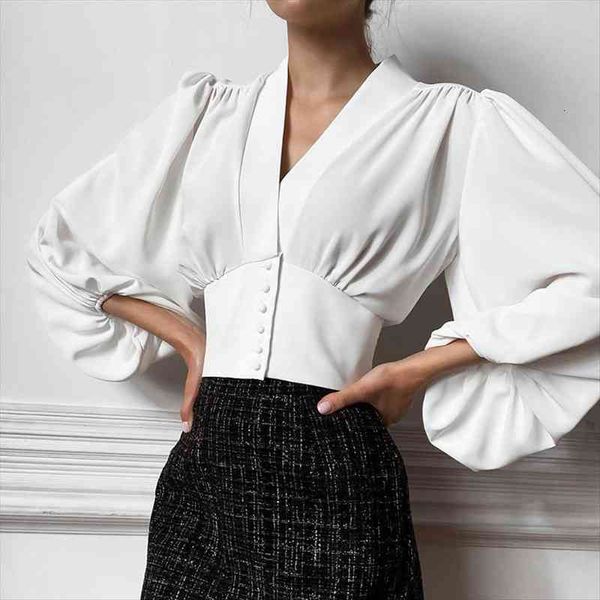 

spring autumn elegant lantern womens blouses long sleeve v neck button up vintage shirts blusas, White