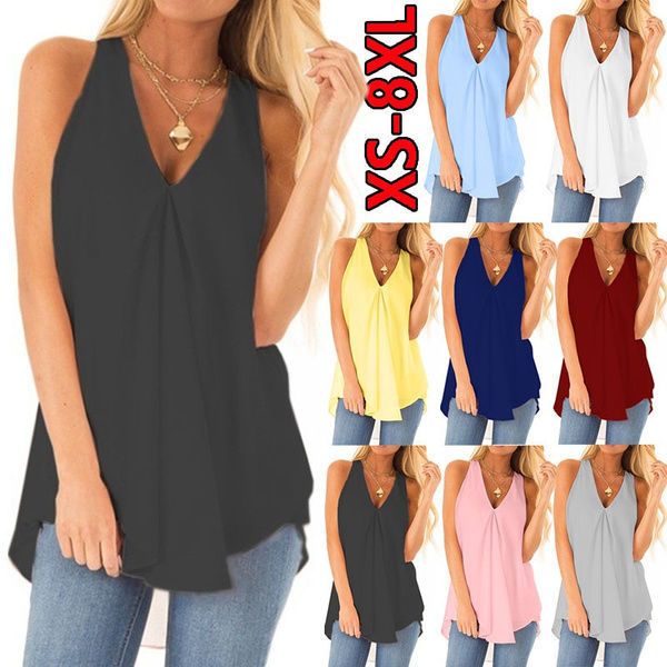 

spring summer women fashion clothes casual loose v-neck t-shirt solid color sleeveless camisole shirts ladies fashion chiffon pullover, White