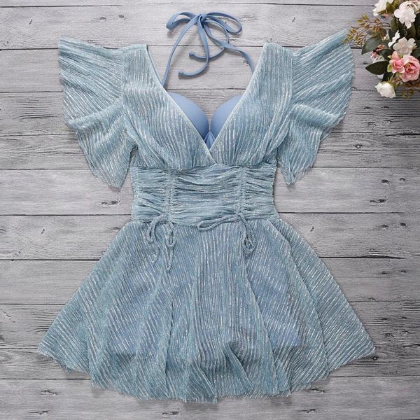 

one-piece suits 2021 women solid one piece swimwear push up swimsuit swim beach dress high waist beachwear female short sleeve bathing suit
