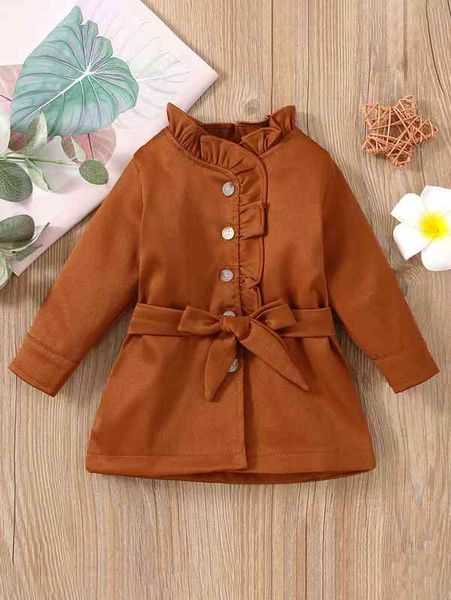 

baby ruffle trim belted coat she, Blue;gray