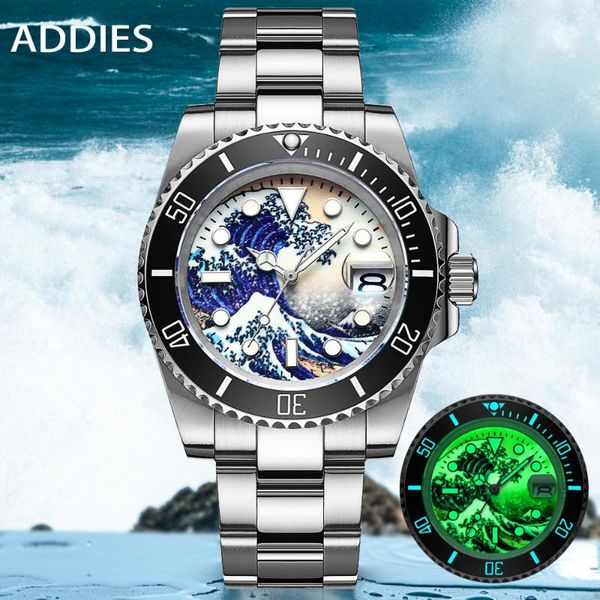 

wristwatches addies men watch stainless steel diver 200m c3 super luminous sport luxury mechanical mens, Slivery;brown