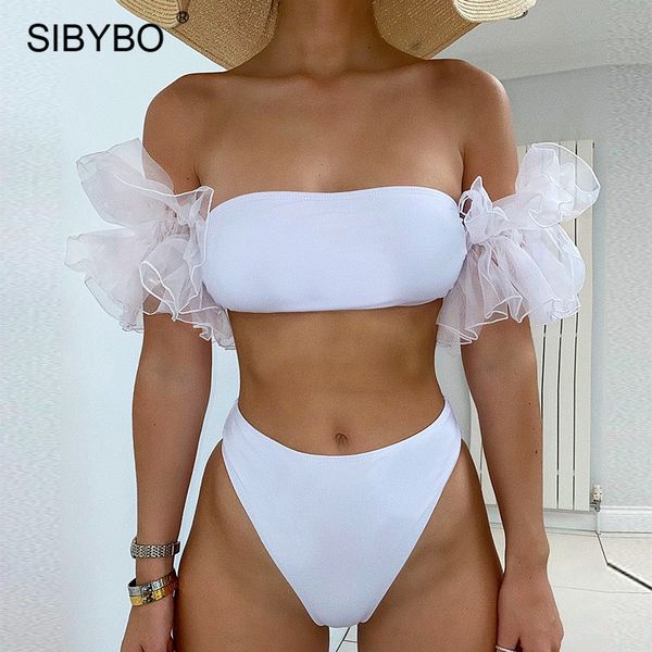 

sibybo double ruffles bikini set women summer strapless high waist swimsuit 2021 female two piece beach party bathing suits, Black;white