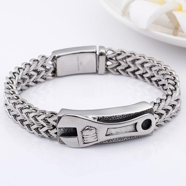 

cool punk rock 12mm wide spanner bracelet men stainless steel biker male jewelry bracelets bangles link, chain, Black