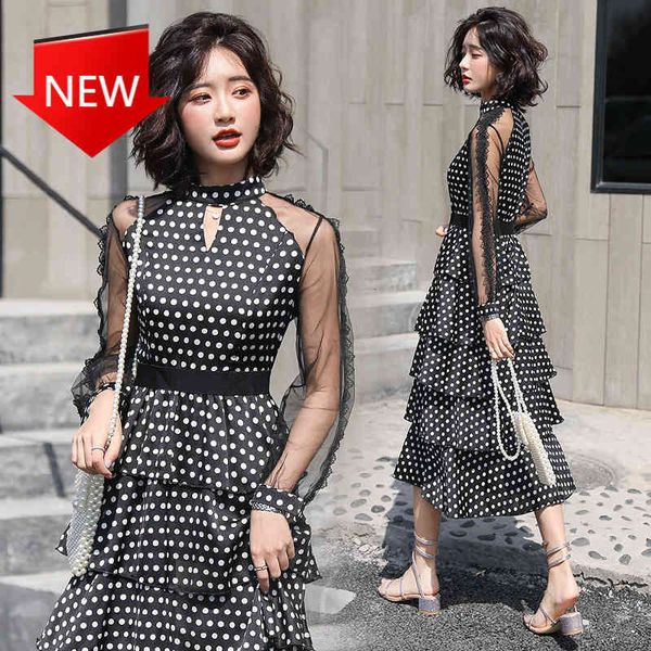 

dressed in point elegant ladies temperament fashion chiffon dress with sleeve transparent polka, Black;gray