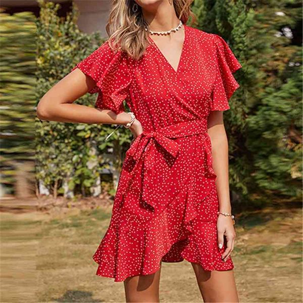 

casual dresses summer women polka dot butterfly sleeve v neck cascading ruffle a-line with sashes printed female red vestido rbrb, Black;gray