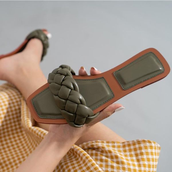

women slippers flats 2021 woman summer square toe fashion women's weave slides ladies beach shoes female comfortable footwear, Black