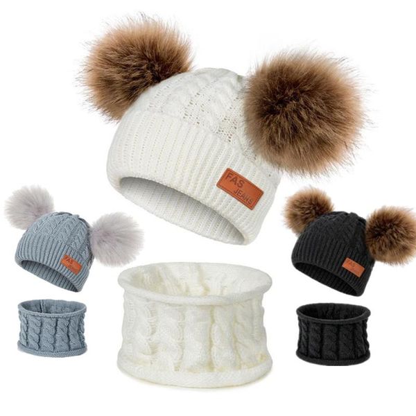 

hair accessories born baby kids girls boys hat scarf winter warm knit furry balls pompom solid cute lovely beanie cap set gifts, Slivery;white