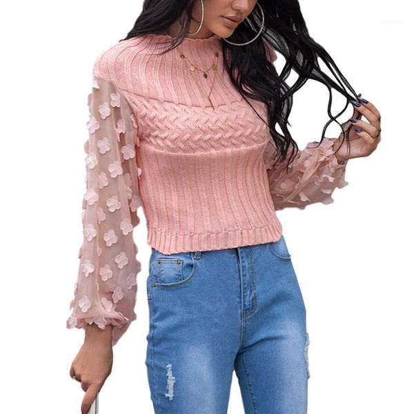 

women's blouses & shirts spring autumn women clothes knitting sweaters around neck petal puff sleeve slim top, White