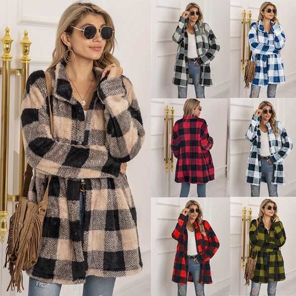 

women's designer plaid windbreaker type printing loose outer wear warm winter essential single breasted coat plush coat longer section, Tan;black