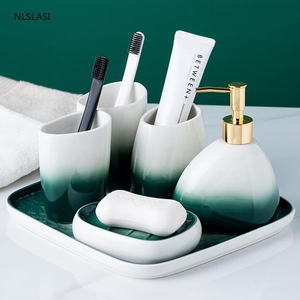 

five/six-piece creative gradient bathroom accessories set supplies soap dispenser dish gargle cup toothbrush holder tray bath accessory