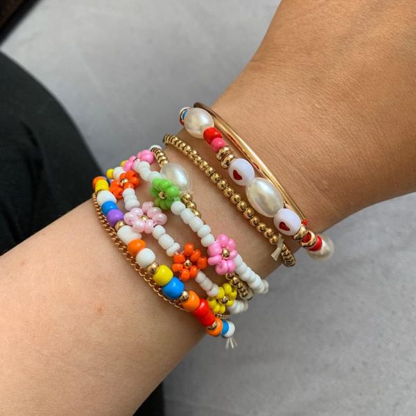 

beaded, strands 2021 korean cute daisy multi-layer bracelet transparent crystal beaded elastic bohemia for women girls jewelry, Black