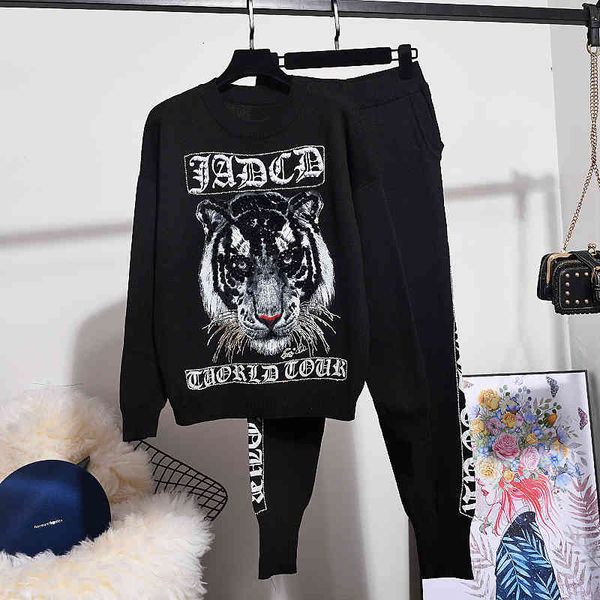 

pant autumn knitted sweater + long pants two piece set casual tiger beading sequins tracksuit women pullover trousers suit, White