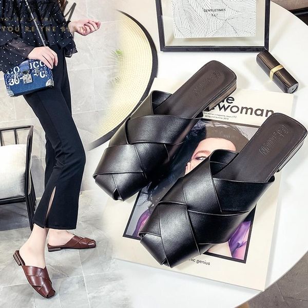 

ladies's summer square head mules female's leather flat bottom leisure beach sandals women's fashion chain slippers, Black