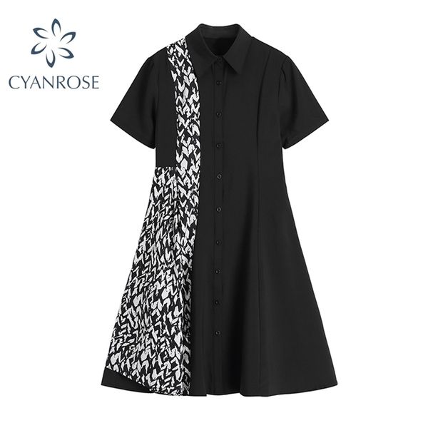 

zebra pattern patchwork lapel wommen's dresses high waist short slevee summer fashion streetwear causal female 210515, Black;gray