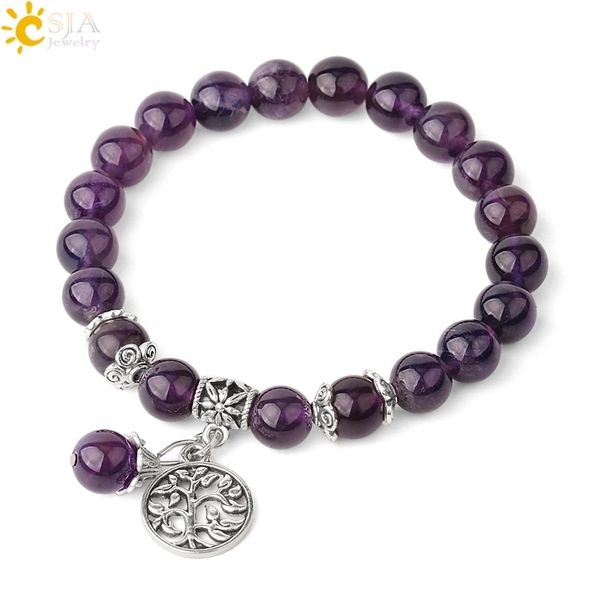 

csja natural stone strand bracelets single color crystal beaded tree of life charms bracelet healing energy female jewelry g422, Golden;silver