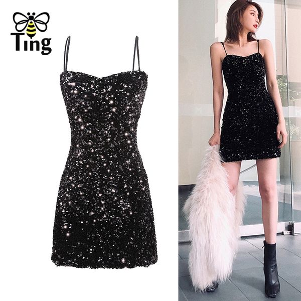 

summer sequines glitter shiny club night mini short dress lady girl strap sequined clubwear dresses dark 210513, Black;gray