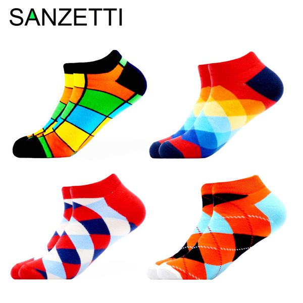 Sanzetti Men's Coloridos Felizes Meias Engraçadas Marca Qualidade Combed Algodão Confortável Meias Predefinidas Stripes Animal Fruit Padrão Meias 210727