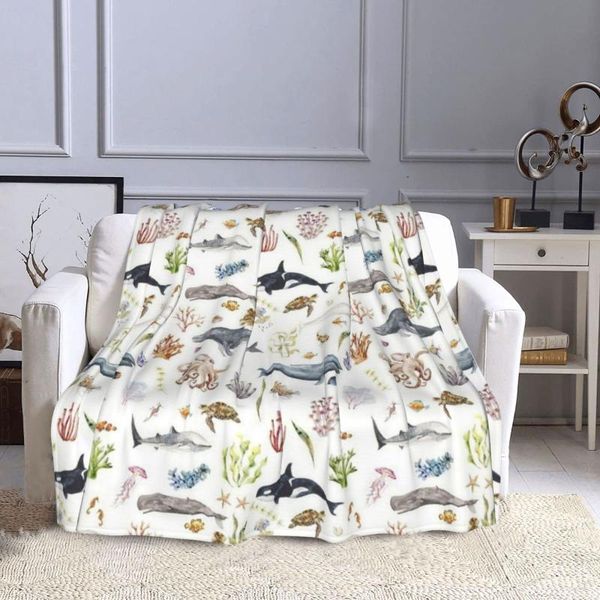 

blankets under the sea marine life pattern lightweight blanket for home decor, bed, sofa, black, 50"x40"