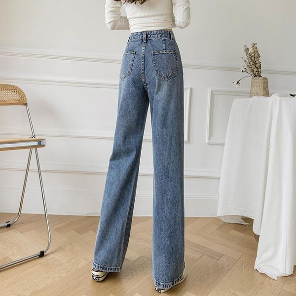 

women's jeans straight leg high waist wide-legged shorts slim loose summer autumn pants casual split washed mom fashion trousers, Blue