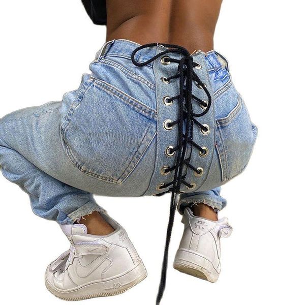 

women's jeans 2021 women denim pants fashion strip bandage bodycon outfit lace up wear, Blue