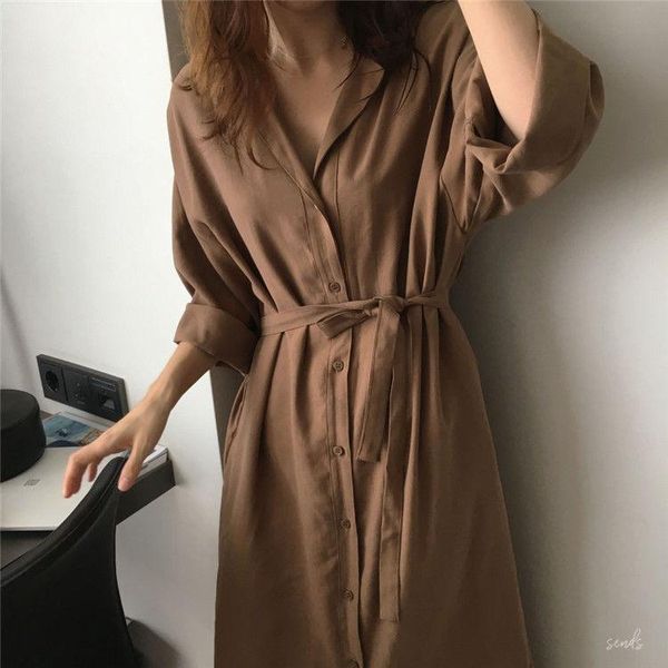

casual dresses spring and autumn women's shirt dress 2021 fashion retro solid loose robe femme long sleeves with lapel for women, Black;gray