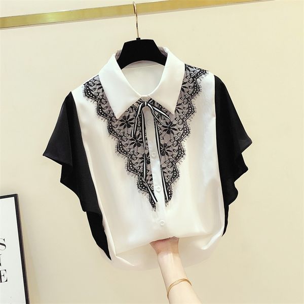 

summer women turn down collar chiffon lace shirt blouse short sleeves shirts ladies blouuse blusas 210519, White