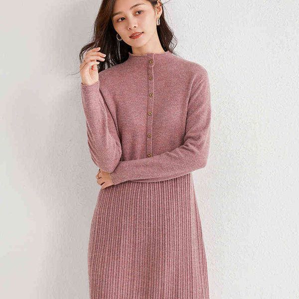 100% cashmere e lã vestido de malha para mulheres 2020 nova chegada inverno / outono oneck vestidos femininos estilo longo 6 cores jumpers g1214