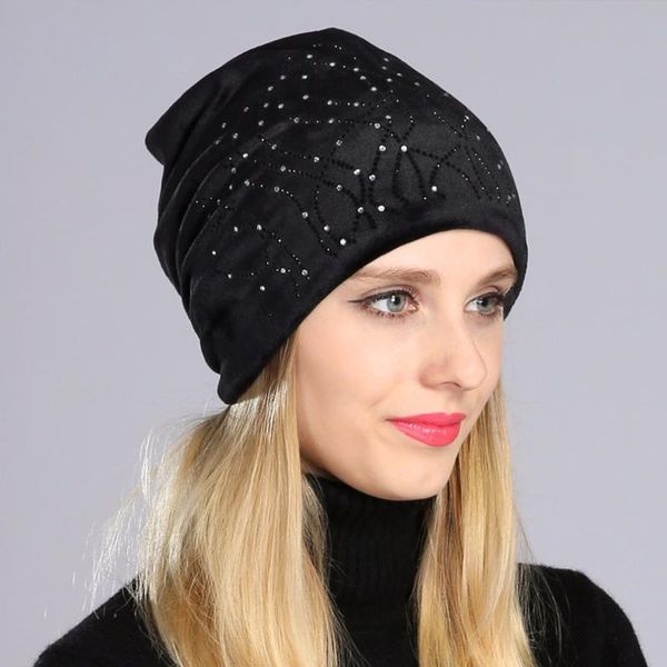 

beanies geebro women casual warm elastic lady knitted soft hats female with shine rhinestones balaclava bonnet caps