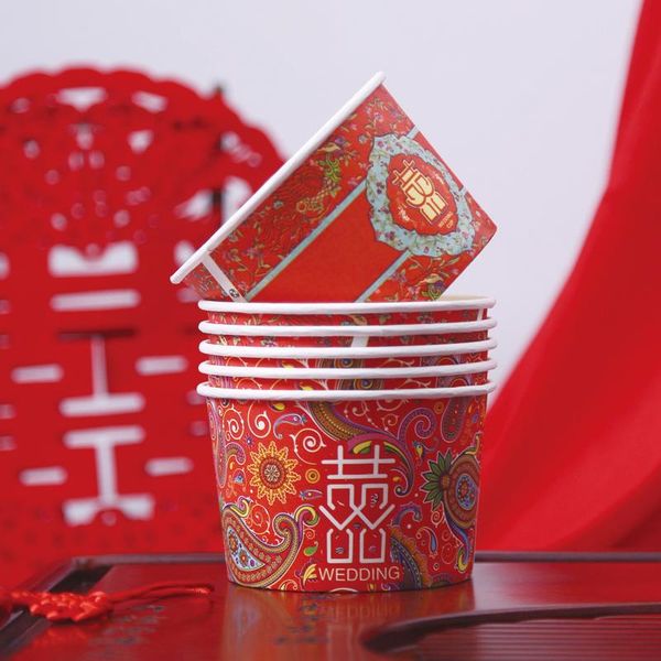 

disposable dinnerware 100pcs/pack chinese traditional 480ml wedding bowl paper round household happy supplies
