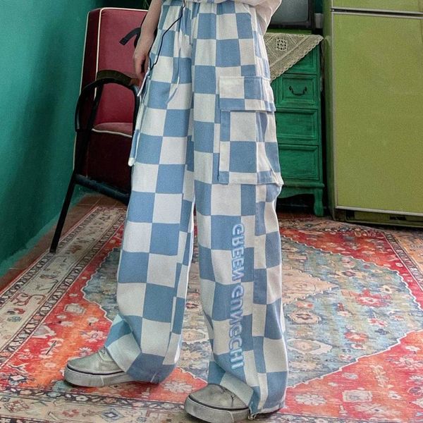 

women's pants & capris 2021 cargo plaid women hippie harajuku y2k wide leg oversize baggy checked trousers female streetwear korean fas, Black;white